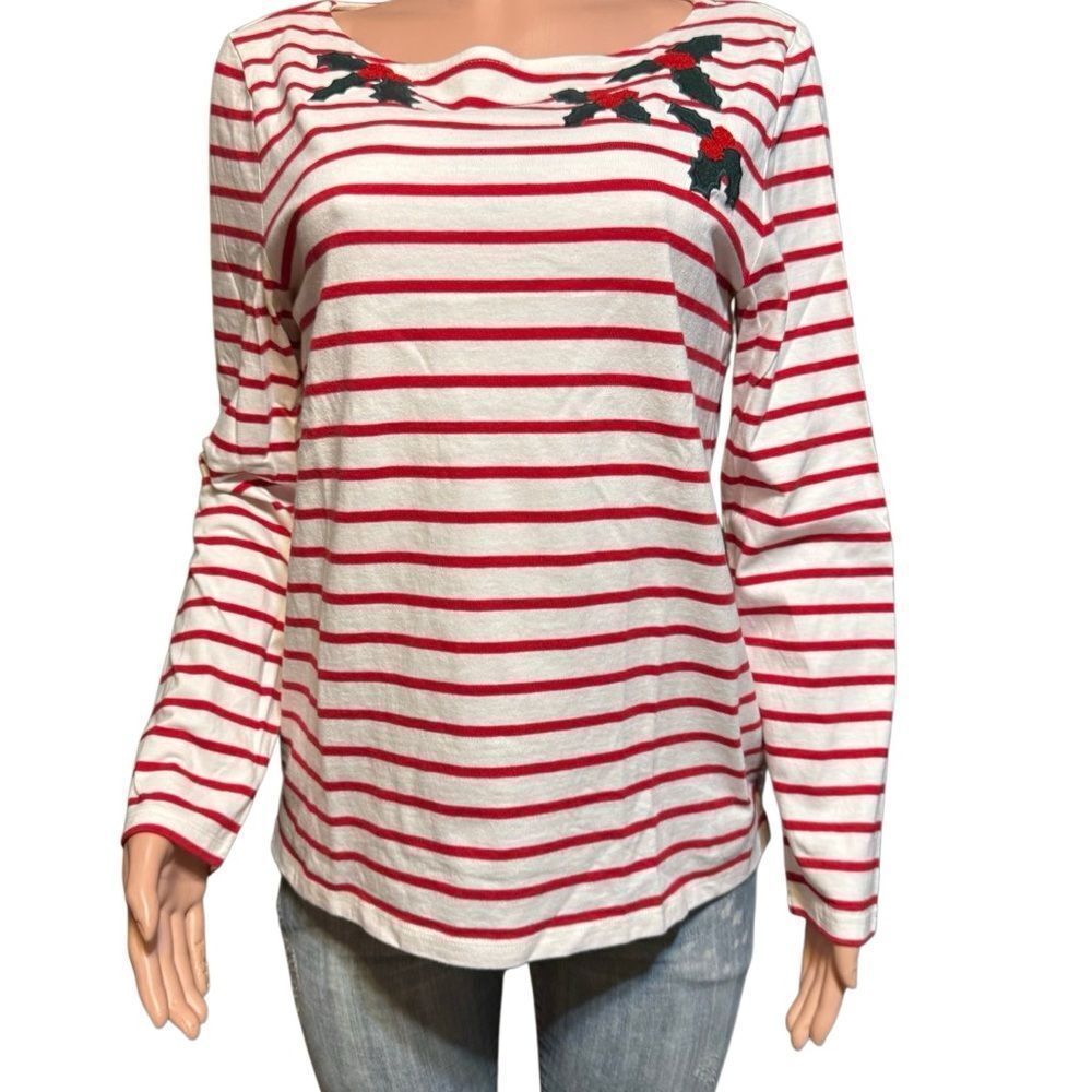 Talbots long sleeve Red and White Striped Blouse with Floral Detail L